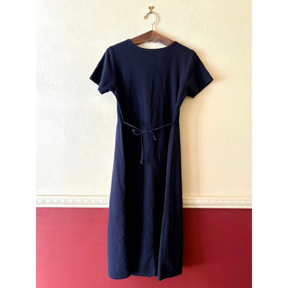 Vintage Xcit Tie Back Midi Dress Navy Blue Ribbed Bodice M Neutral Cottage Y2K - Picture 8 of 9
